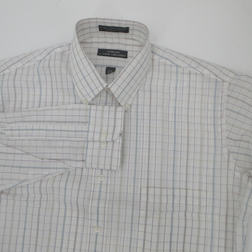 Corum by Van Heusen Mens Grid Button Down Dress Shirt White 15.5 32-33 Fitted